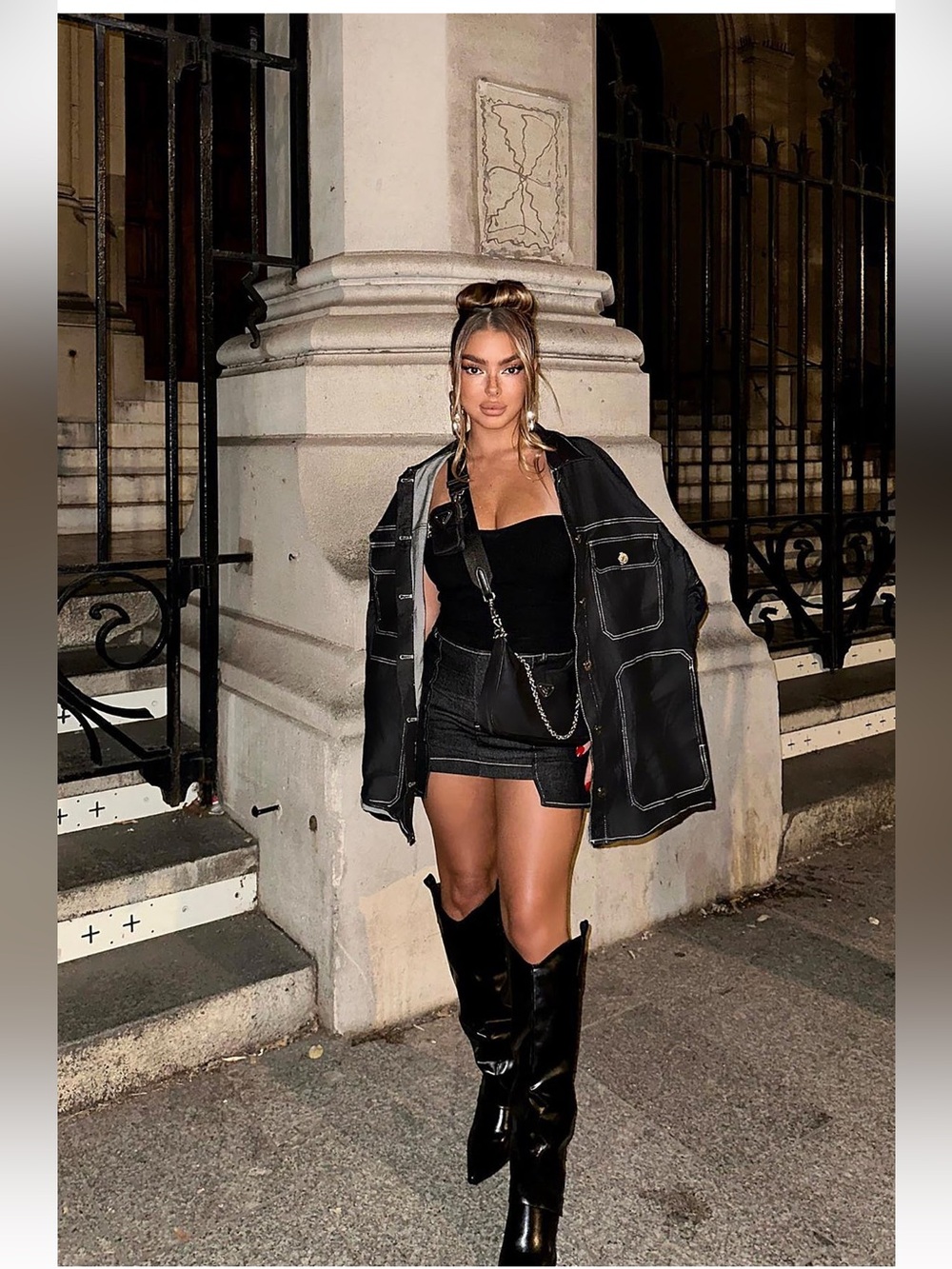 Black Contrast-Stitch Oversized Denim Jacket Skirt Set - Picture 3 of 5